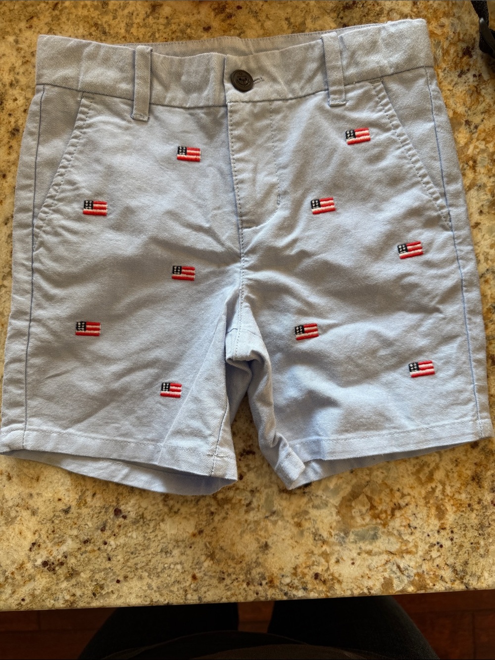 Janie and Jack Light Blue Shorts with Red & Navy Flag Embroidery